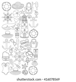 Big set with doodle images about beach fashion and travel