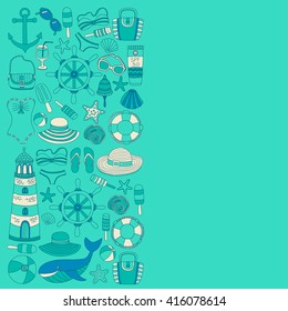 Big set with doodle images about beach fashion and travel