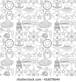 Big set with doodle images about beach fashion and travel