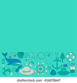 Big set with doodle images about beach fashion and travel