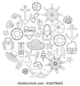 Big set with doodle images about beach fashion and travel