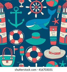 Big set with doodle images about beach fashion and travel