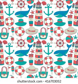 Big set with doodle images about beach fashion and travel