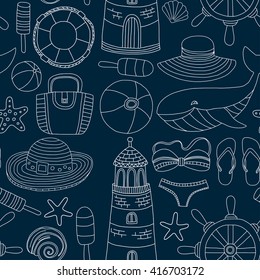 Big set with doodle images about beach fashion and travel