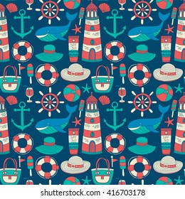 Big set with doodle images about beach fashion and travel