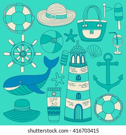 Big set with doodle images about beach fashion and travel