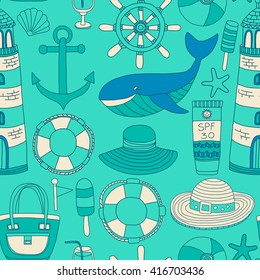 Big set with doodle images about beach fashion and travel