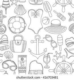 Big set with doodle images about beach fashion and travel