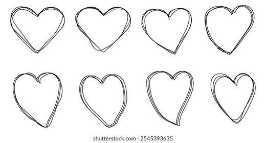 gran conjunto de doodle icono de amor con golpes. dibujado a mano iconos de corazones sobre fondo aislado eps 10.