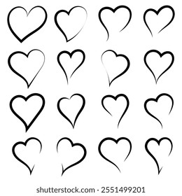 Big set of doodle love icon. Hand drawn Hearts icons on white background.