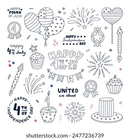 Big set with doodle national symbols of American Independence day. Cute fireworks, Uncle Sam hat, medal, cupcake, balloons, flag, lettering, etc. Hand drawn outline patriotic signs for 4th July.