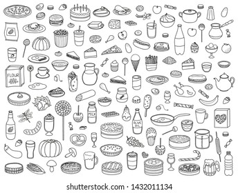 Big set of doodle outline food, drink and sweets icons isolated on white background.