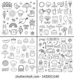 Big set of doodle outline four seasons and weather icons isolated on white background.