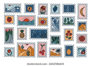 Big set of doodle postage stamp with picturesque travelling scenery, tropic fruits, flowers. Hand drawn postage sticker colorful collection with seascape panorama, desert, mountains, jungle, driveway.