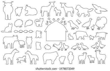 Big set of doodle silhouette cartoon farm animals icons. Vector collection of donkey goose cow bull pig hog chicken hen rooster goat sheep duck horse turkey cat dog hedgehog rabbit bunny birds