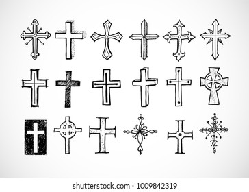 Big set of doodle sketch crosses on white background. Vector illustration.