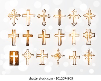 Big set of doodle sketch crosses on white glowing background. Vector illustration.