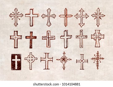 Big set of doodle sketch crosses on vintage background