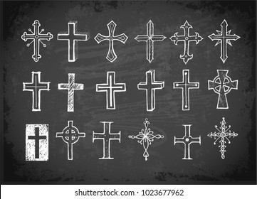 Big set of doodle sketch crosses on blackboard background.