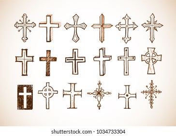 Big set of doodle sketch crosses in vintage style.