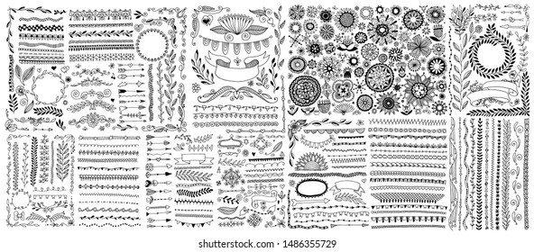 big set of doodle sketch flower design elements, floral drawing vector illustration