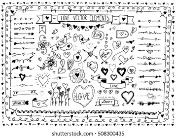 Big set of doodle sketch hand drawn heart elements. Vector set of design love elements on the white background. Valentine's day greeting cards