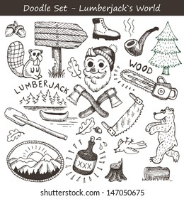 Big set of doodle style hand drawn lumberjack icons