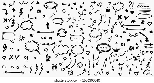 Big set doodle vector arrow  flower  star  heart   bubble icons  Isolated  Hand drawn collection elements for design