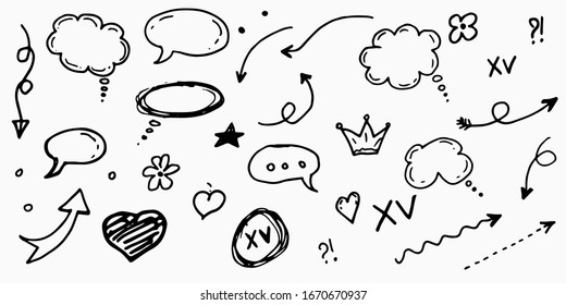 Big set of doodle vector arrow, circles, crown and thinking cloud icons. Isolated. Hand drawn collection of elements for design