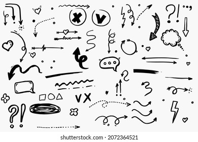 Big set of doodle vector arrow, chat icons, heart and thinking cloud icons. Isolated. Hand drawn collection of elements for design