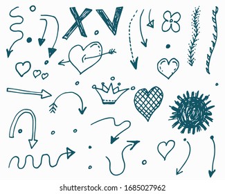 Big set of doodle vector arrows, hearts, crown and flower icons. Isolated. Hand drawn collection of elements for design