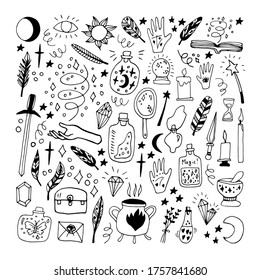 Big set doodle vector elements about esotericist. Hand drawn jars, feathers, hands, cauldron, sun, moon, candles, stars and other magical symbols. Isolated on white backdrop.