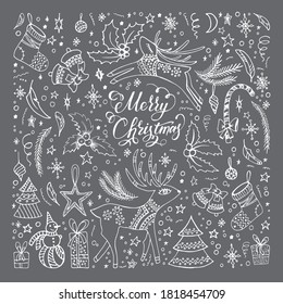 Big set of Doodle vector elements on the Christmas theme. Hand-drawn snowflakes, reindeer, snowman, stars, gifts, Christmas trees, Holly and other Christmas symbols. Isolated on a dark background.