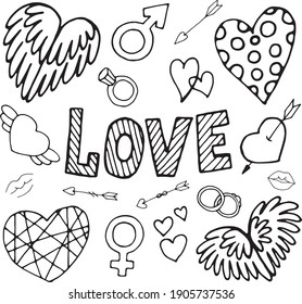 Big set doodle vector elements for valentine's day cards, posters, wrapping and design. Hand drawn heart, isolated on white backdrop. Geometric shape and symbol. Romantic elements collection of heart.