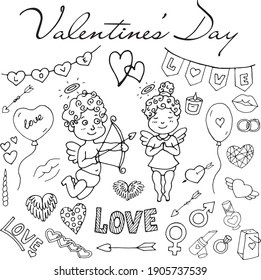 Big set doodle vector elements for valentine's day cards, posters, wrapping and design. Hand drawn heart, isolated on white backdrop. Geometric shape and symbol. Romantic elements collection.