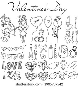 Big set doodle vector elements for valentine's day cards, posters, wrapping and design. Hand drawn heart, isolated on white backdrop. Geometric shape and symbol. Romantic elements collection.