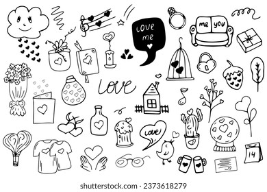 Big set doodle vector elements for valentine's day cards, posters, wrapping and design. Geometric shape and symbol, accessories and jewelry. Hand drawn icons, isolated on white backdrop.