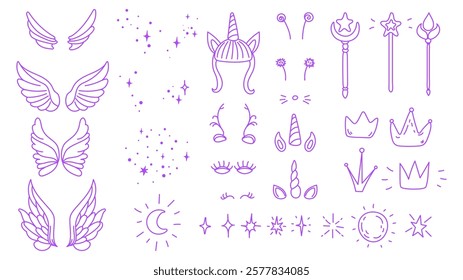 Big set of doodle vector magic elements, fair wings, princess wands, hand drawn line girlish objects collection 