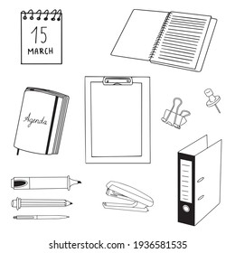 Big Set Of Doodle Vector Office Stationary Items.Document Storage, Work From Home, Learning, Back To School. Isolated Elements: Calendar, Planner,pushpin,binder,marker,pen,pencil,stapler,document Clip