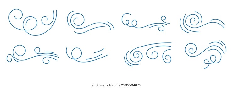 Big set of doodle wind, weather, environment. A set of line winds. Air, wind, swirl in doodle illustration style.  Vector set of air icons.  1176