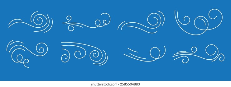 Big set of doodle wind, weather, environment. A set of line winds. Air, wind, swirl in doodle illustration style.  Vector set of air icons.  1176