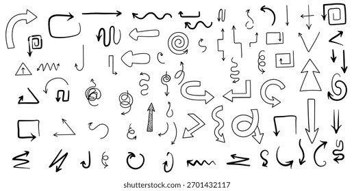 Gran conjunto de flechas garabateadas Ilustración vectorial