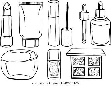 Big set of doodles of mascara,  eyeshadow, cosmetics cream, brush, foundation cream, mascara, nail polish. Hand drawn doodle vector illustration