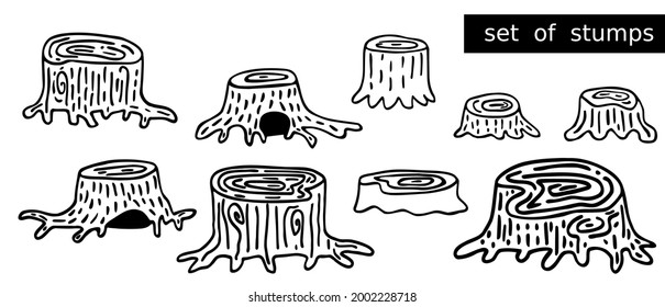 Big set doodles of old stumps. Thick rooted oak trunk. Wildlife in reserve. House of forest animals. Fox burrow under stub. Hand-drawn vector woodland black clipart for icons and kids illustrations.