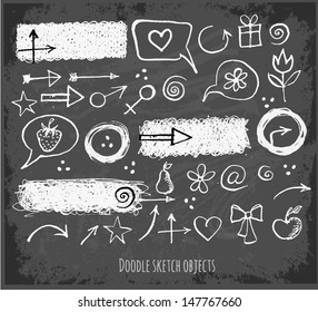 Big set of doodles on blackboard. Banners, speech bubbles, icons. Vector illustration.