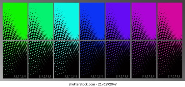 Big set of dotted covers. Wavy dots on black background. Vector template, multicolor, modern design pattern