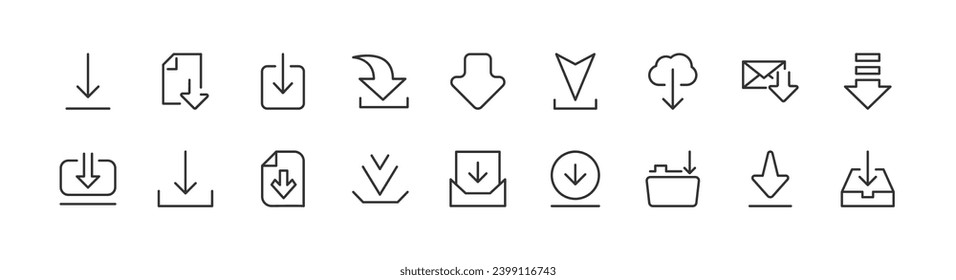 Big set of download line icons. Vector illustration isolated on a white background. Premium quality symbols. Stroke vector icons for concept or web graphics. Simple thin line signs.
