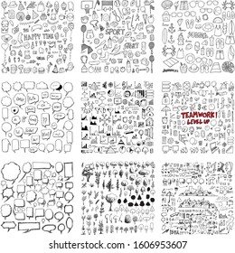 Big set Drawing illustration Hand drawn doodle Sketch line vector of Party, Sport, Summer, Speech Bubble, Tree, Information, Business