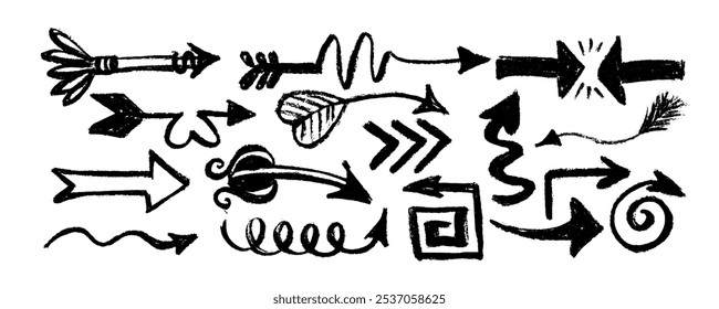 Big set of   drawn  charcoal bold arrows. Collection of grunge hand drawn doodle thick arrows in different directions. Isolated black vector arrows charcoal arrows, direction pointers icons.