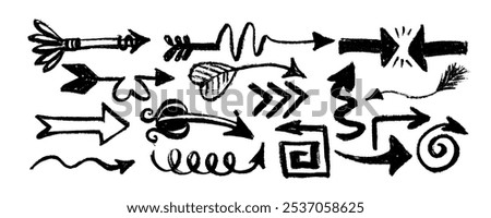 Big set of   drawn  charcoal bold arrows. Collection of grunge hand drawn doodle thick arrows in different directions. Isolated black vector arrows charcoal arrows, direction pointers icons.
